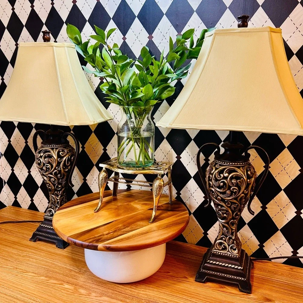 Ornate Moody Lamps Pair  Vintage Black & Gold Table Lamps w/ Cream Ivory Shades